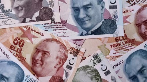 Money, currency of Turkey, lira banknotes of various denominations. Turkish money