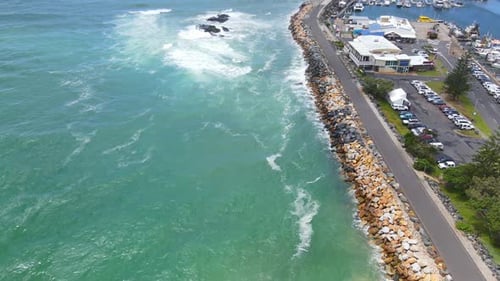 Cars Parked At Coffs Harbour International Marina Near Seafood Market - Boats Dock At Jetty In Solit