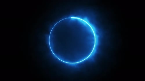 Bright glowing blue neon circle surrounded by epic smoke and fog energy motion. Blue laser line
