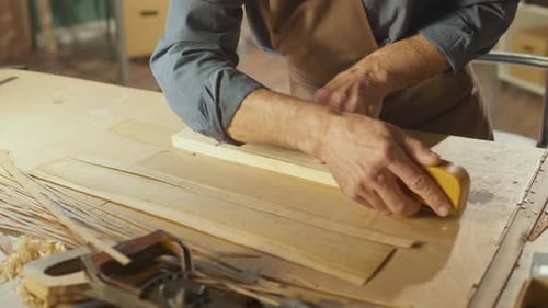 Closeup of a Carpenter'S Hand Working on Wood With Carpentry Tools in Workshop