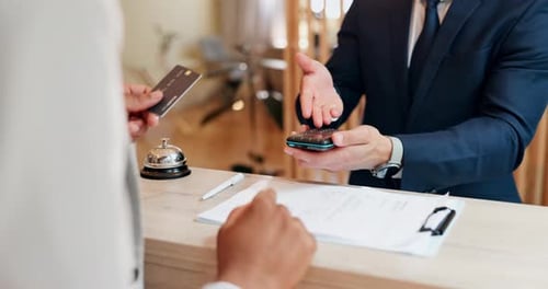Hands, people and card for payment at hotel accommodation, hospitality service and business booking