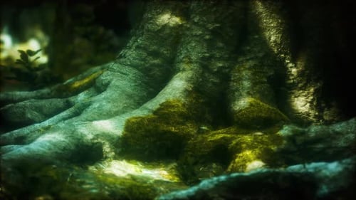 Tree with Moss on Roots in a Green Forest