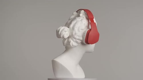 Closeup Shot Ancient Marble Bust Statue of Roman Era Woman in Headphones Spins on a Platform