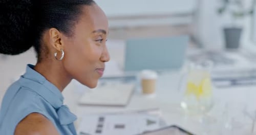 Communication, funny and employees talking in a meeting about a marketing strategy in an office
