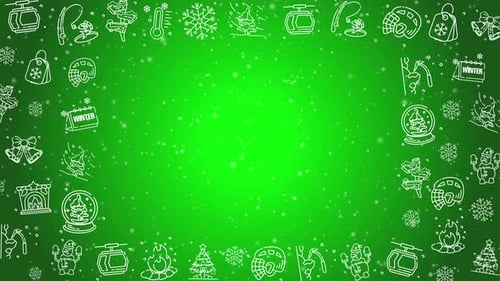 Doodle Winter Holiday Icons Line art Seamless Pattern With Particles on a Green Background