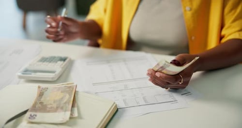 Woman, hands and counting cash with calculator for finance, money audit or budget planning in home