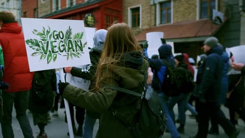 Manifestation végétalienne : une foule brandit une bannière sur les droits des animaux