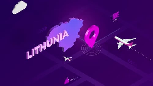 Isometric Lithuania Map with Travel and Location Pin Animation