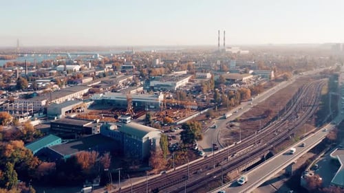 Aerial Drone Flight View of Freeway Busy City