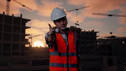 Asian Male Engineer Disapproving With No Index Finger Sign At Building Site