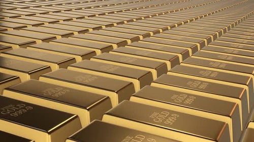 Gold bars are stacked in rows animation