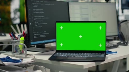 Green Screen Mockup Laptop on Startup Office Desk Showing AI Neural Networks