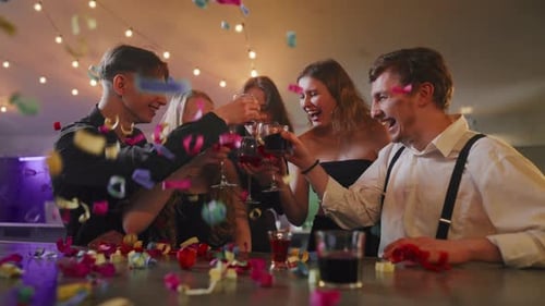 Group of Friends Talking in Night Bar Young Cheerful Joyful Men and Women Talking Chatting Laughing