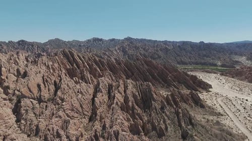 Bird's eye view of the Quebrada de las Flechas with its rock formations resembling arrowheads. In Ar