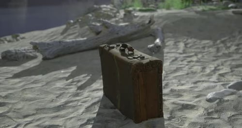 Vintage Suitcase Rotating on Sandy Beach Shore