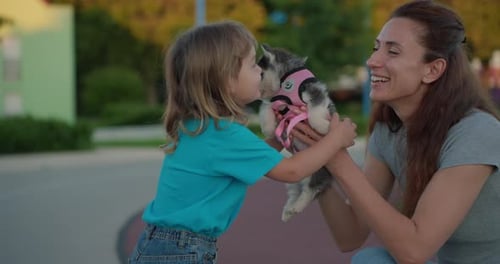 Woman and Child Adore Husky Puppy Outdoors