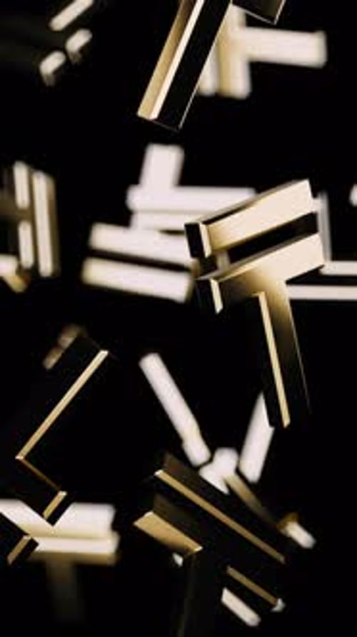 Vertical Endlessly Falling Gold Tenge Symbol on a Black Background
