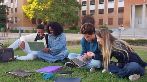 Diverse Group of College Students Studying Together Using Laptops on Campus Lawn
