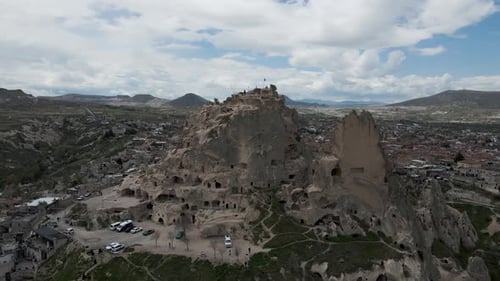 Aerial view of Uchisar Castle in Uchisar old town, Cappadocia, Turkey.