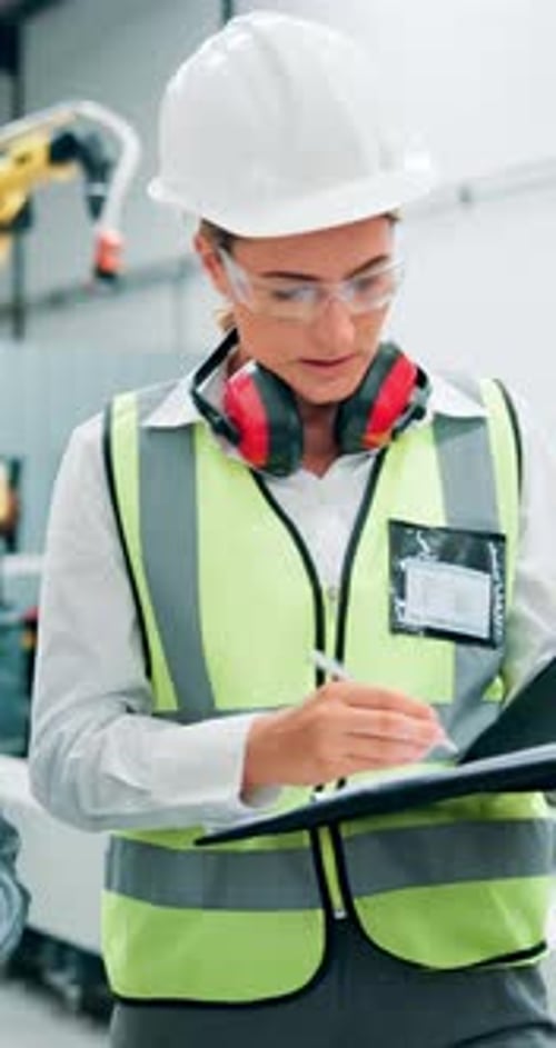 Woman, engineer and checklist for robotics at factory of machine inspection