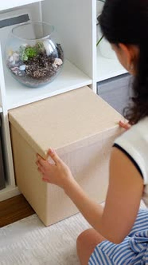 Jeune femme utilisant une boîte de rangement provenant d'un système d'étagères pour organiser l'intérieur de la maison et