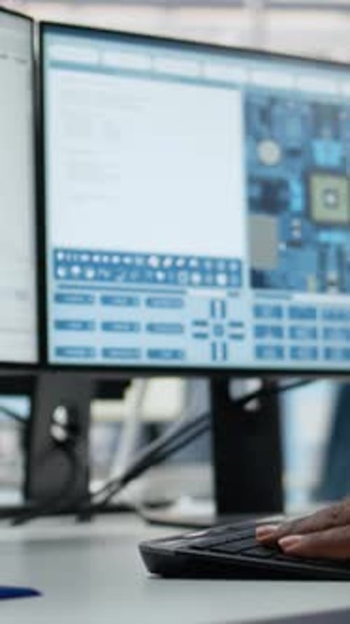Vertical Video Analyzing PCB Architecture PC Close Up and Technician in Semiconductors Factory
