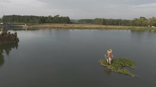 Aerial View of a Decorative Island Temple on Lake