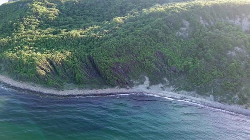 Beach Between a Ledge Covered with Vegetation and a Black Sea Under a Clear Blue Sky
