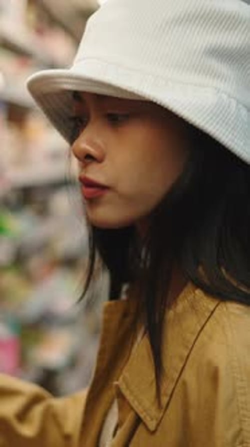 A Young Asian Woman in a Hat Compares the Price of Food Products in a Supermarket