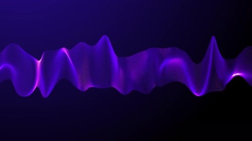 Violetter minimaler flacher Wellenhintergrund. Die glühende lineare Welle in der Mitte bewegt sich horizontal. Audio und
