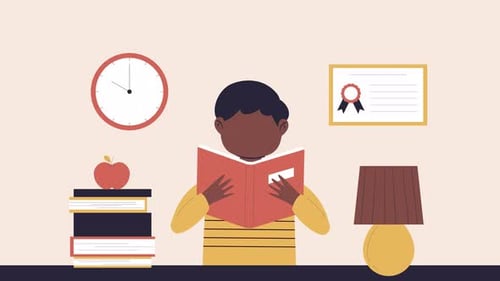 Animated Flat Design Illustration of Student Reading Books