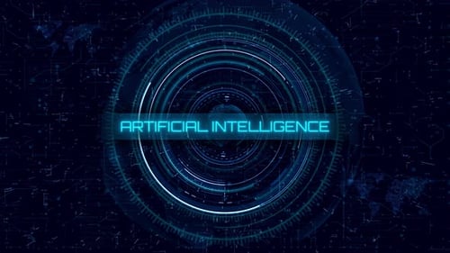 Concept of Artificial Intelligence: Blue Circuit HUD with Global Map, Futuristic Elements