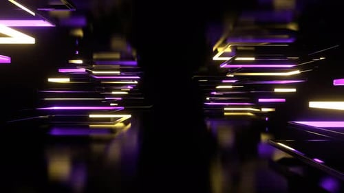 Pasillo de formas triangulares de neón moradas y amarillas en movimiento en 4K
