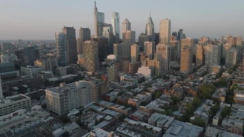 Aerial view of Downtown Philadelphia at dusk
