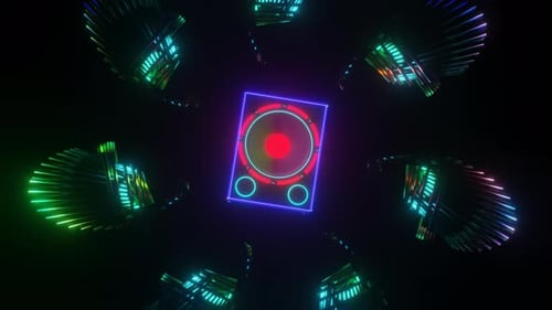Bühnenlautsprecher zittern und rotieren auf dem abstrakten neonfarbenen mehrfarbigen psychedelischen hypnotischen Hintergrund