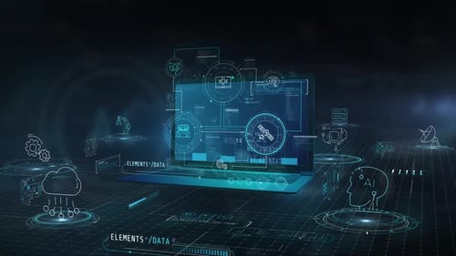 3D Infographic Scenes in Front of an Open Laptop