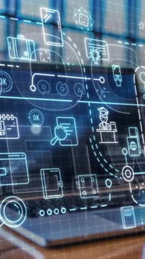 Business Hologram Projecting From Laptop in Modern Office Setting