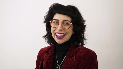 Studio Portrait Happy Stylish Young Woman with Short Hair 2529 Years