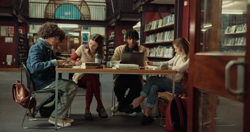 Study group, education and students in library, laptop and deadline for project, books and learning