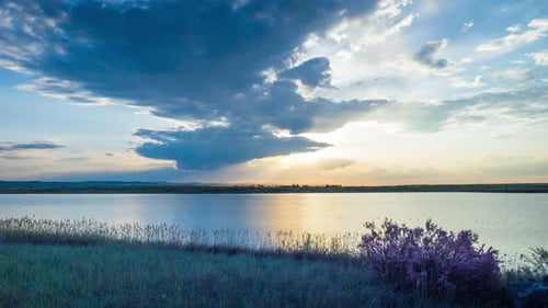 Clouds Run Across the Sky with a Sunset Light Over a Lake with Herbs on a Shore
