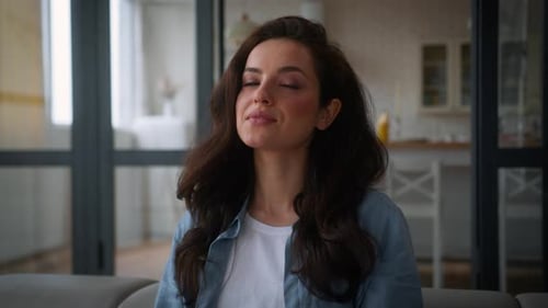 Portrait Close Up Attractive Happy Caucasian Woman Healthy Carefree at Own Apartment Girl Female