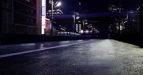 Vibrant City Street Illuminated By Neon Lights on a Rainy Night