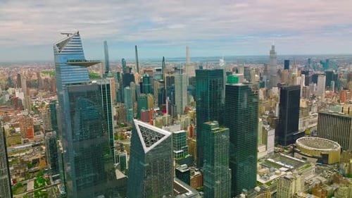 Stunning view of the modern architecture of New York. Mirror skyscrapers towering over the city.