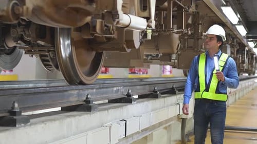 Side view Caucasian engineer or technician worker check and maintenance under the train