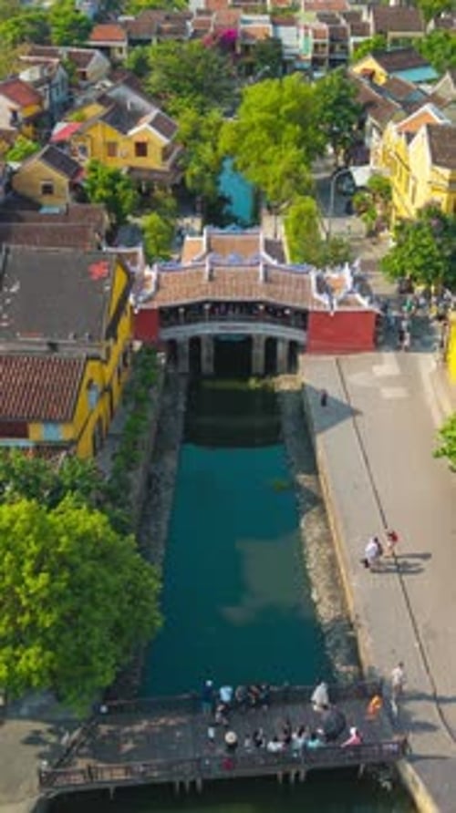 Time lapse of Aerial view Chua Cau or Japanese Covered ancient Bridge