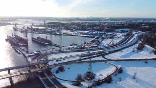Aerial View of Boat Repair Industrial district in Riga, Vecmilgravis in Winter