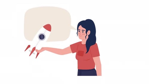 Animated Woman with Rocket Idea Thought Bubble Concept