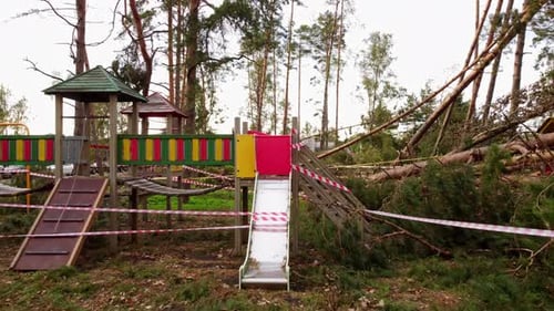 Colorful kids playground destroyed by fallen trees after powerful storm