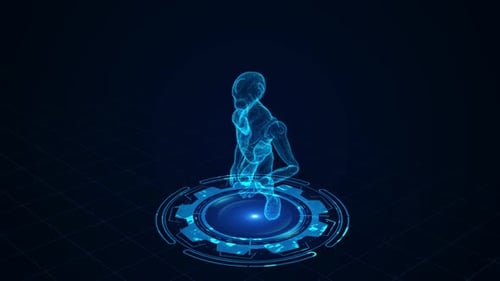 Futuristische holographische Figur in dynamischer Bewegung auf digitaler Plattform