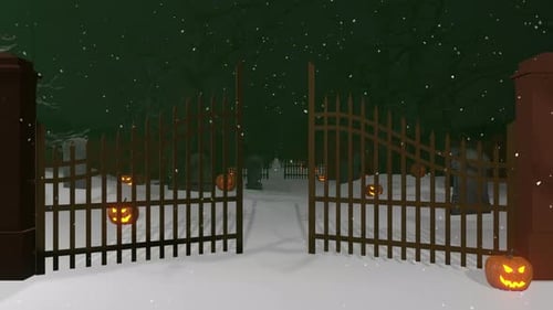 Animated Halloween Cemetery Fly-Through with Spooky Jack-o'-Lanterns and Opening Gates